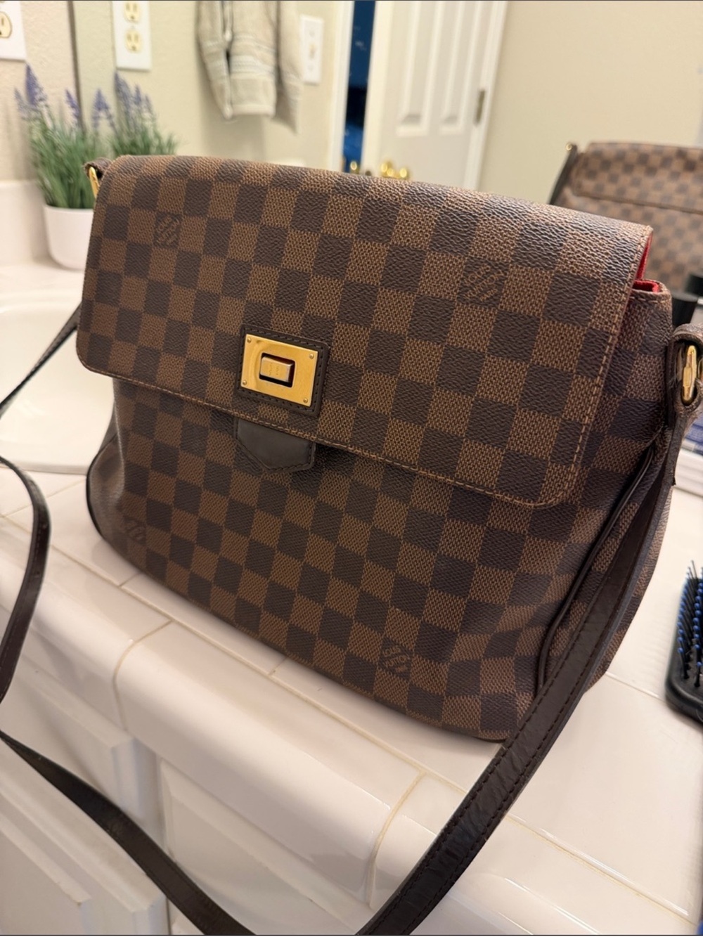 Louis Vuitton Brown Checkered Damier Ébène Crossbody Bag with Gold Hardware